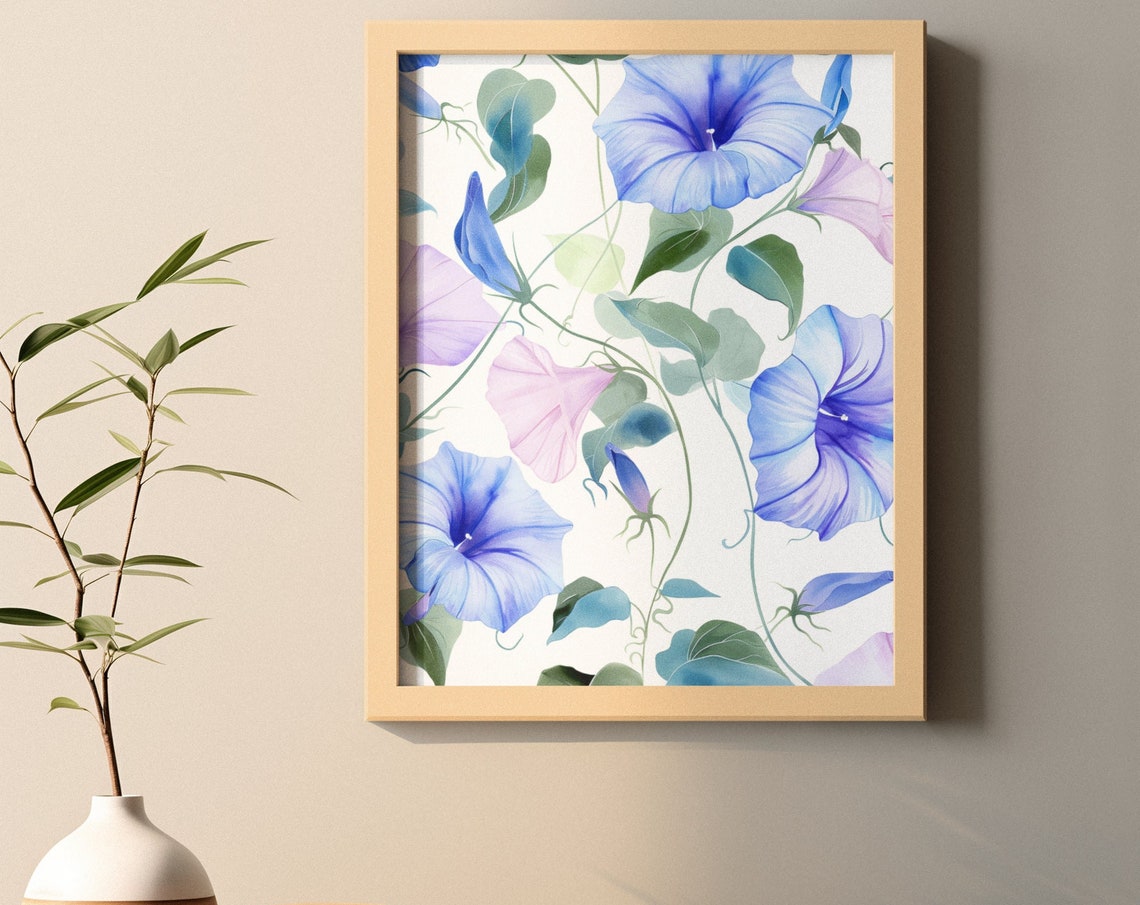 Blue Morning Glory Vines Delicate Watercolor Floral Botanical Poster