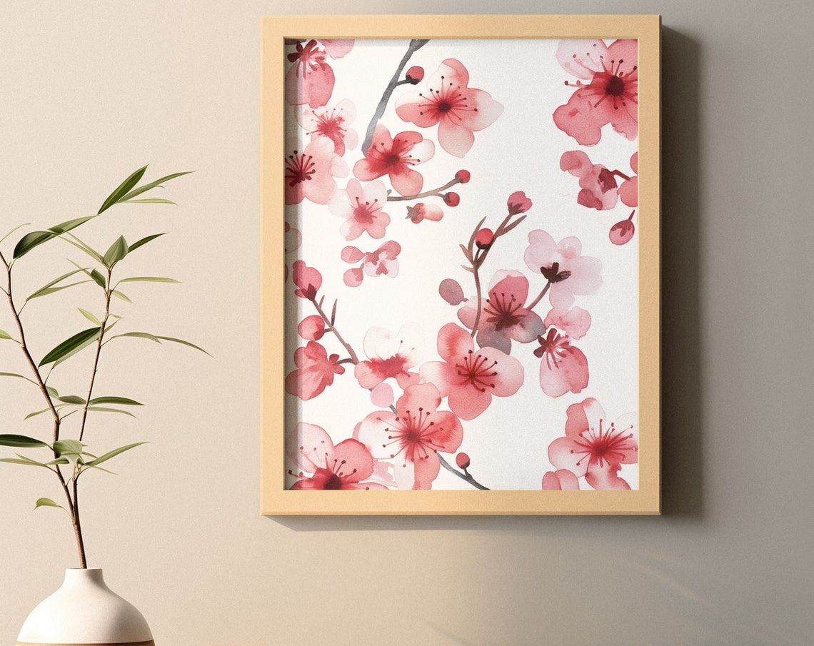 Pink Cherry Blossom Branches Soft Watercolor Floral Botanical Poster