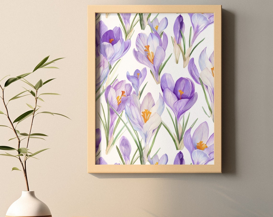 Purple Crocus Bloom Pattern Watercolour Botanical Flower Poster