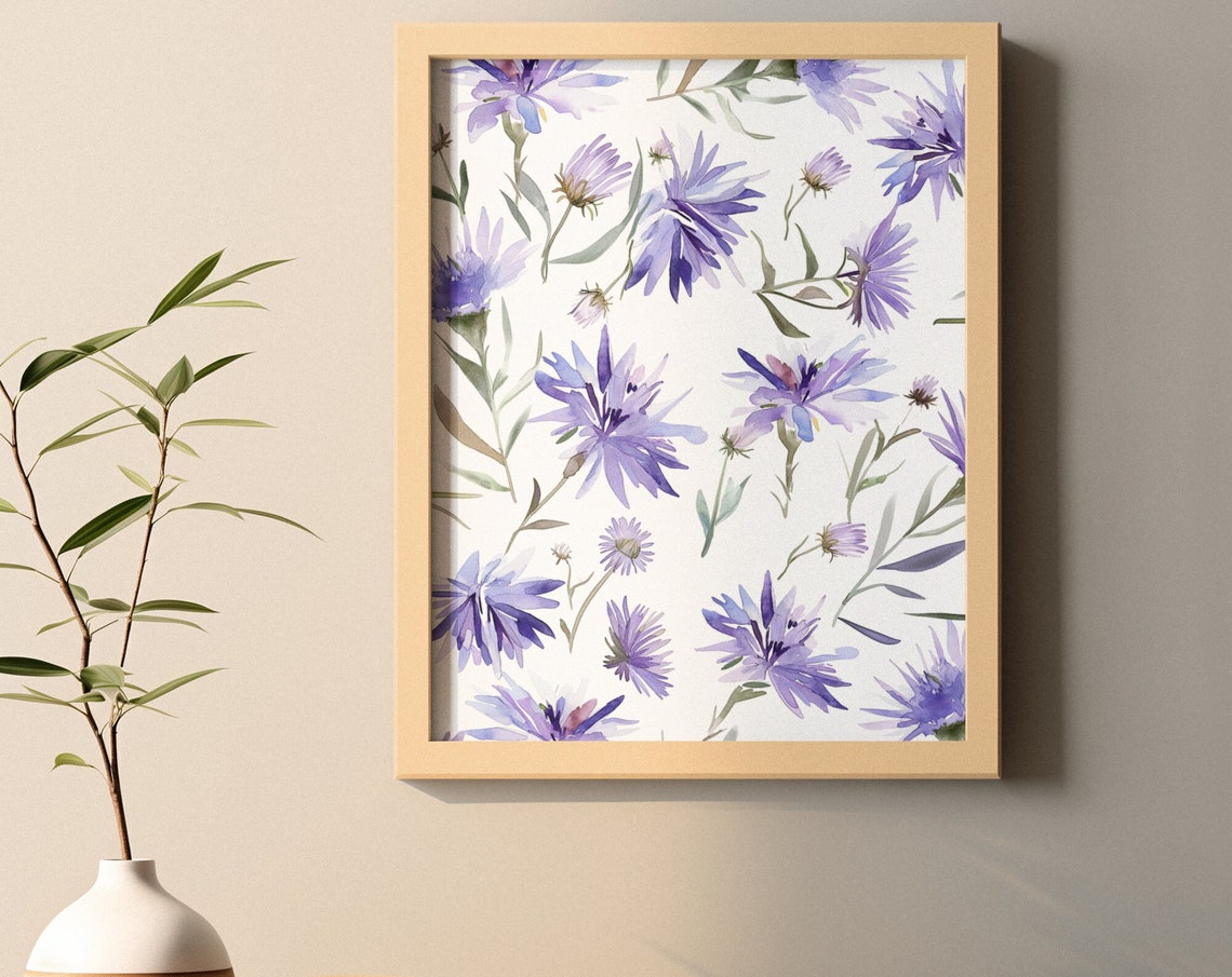 Purple Aster Flower Pattern Watercolour Botanical Flower Poster