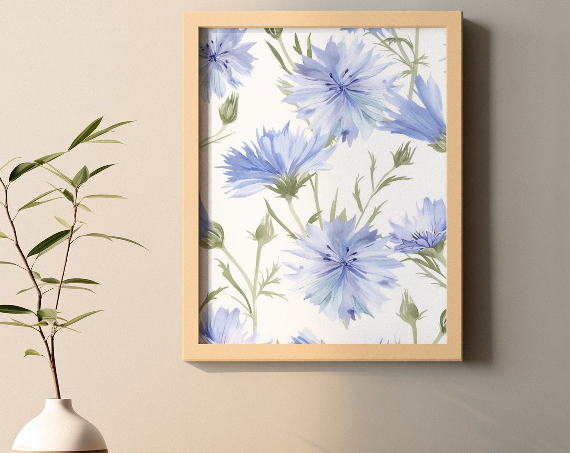 Blue Chicory Wildflowers Soft Watercolor Floral Botanical Poster