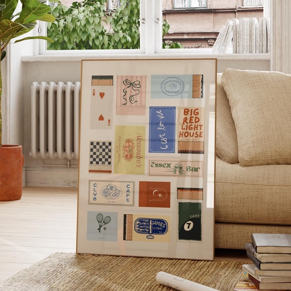 Matchbook Collage Print Retro Matches Wall Art Bar Cart Decor Trendy Matchbox Poster Apartment Wall Art Instant