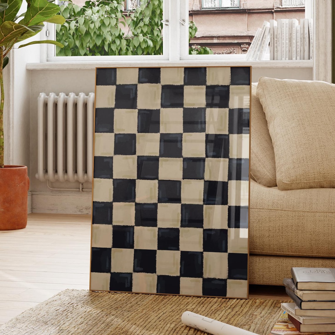 Black and White Checkered Art Print, Retro Abstract
