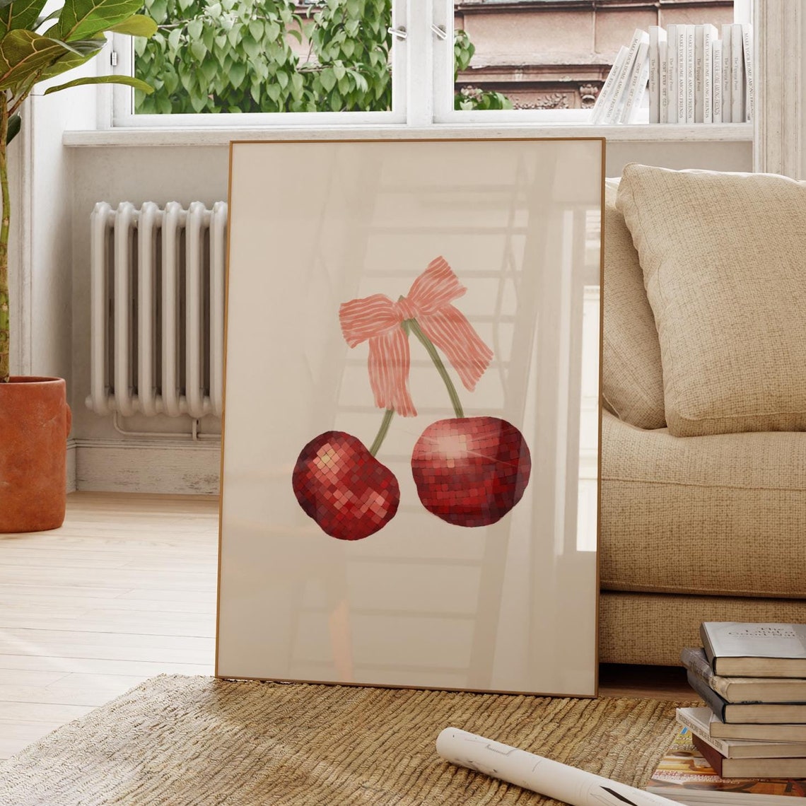 Red Disco Ball Cherries With Pink Bow Retro Coquette Kitchen Wall Art
