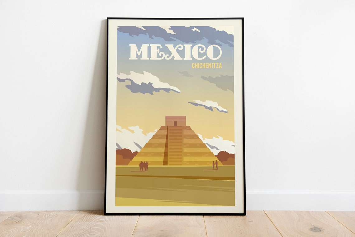 Mexico Chichen Itza Mayan Pyramid Vintage Style Travel Art Poster
