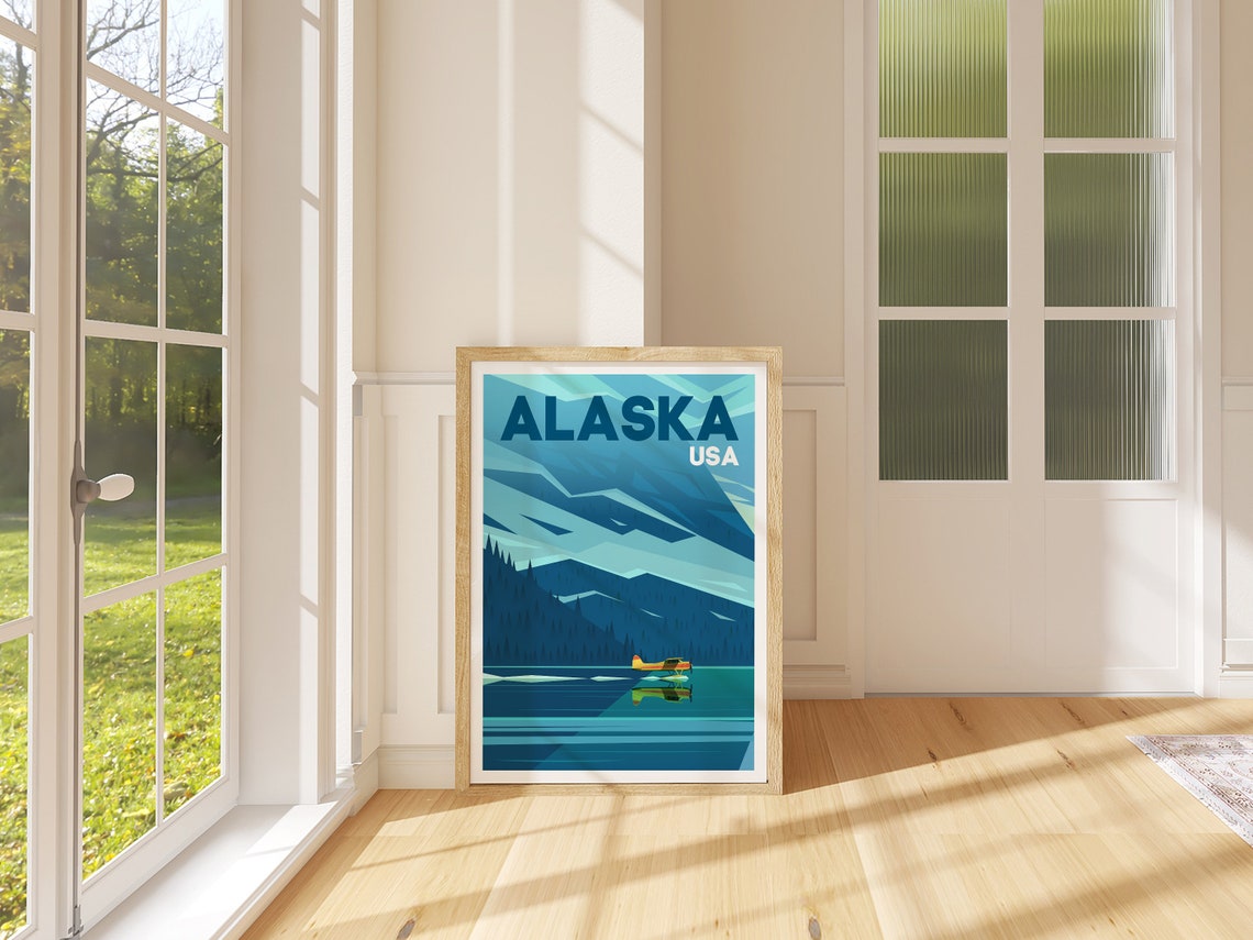 Alaska USA Vintage Travel Poster Floatplane Lake Mountains Art - Image 4