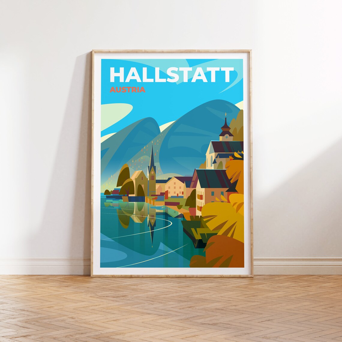 Hallstatt Austria Alpine Lake Village Church Scenic Travel Poster