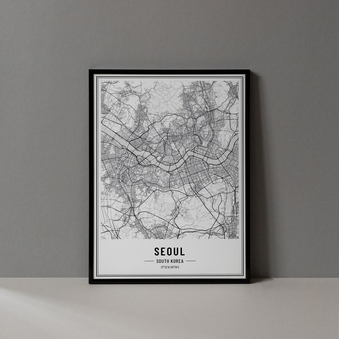 Seoul South Korea Street Map Black and White Minimalist City Poster