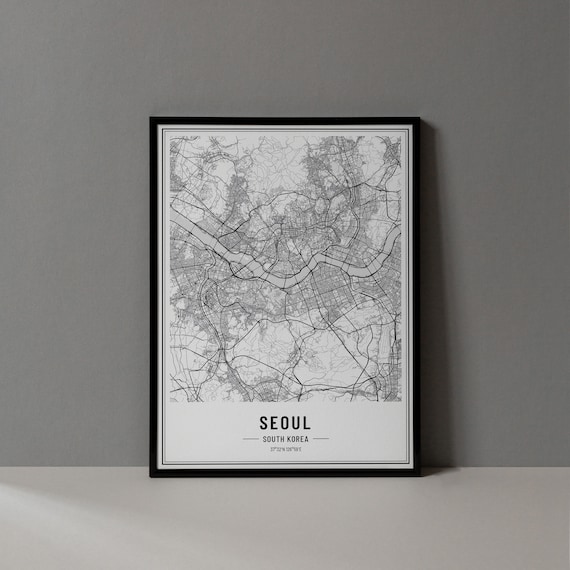Seoul South Korea Street Map Black and White Minimalist City Poster