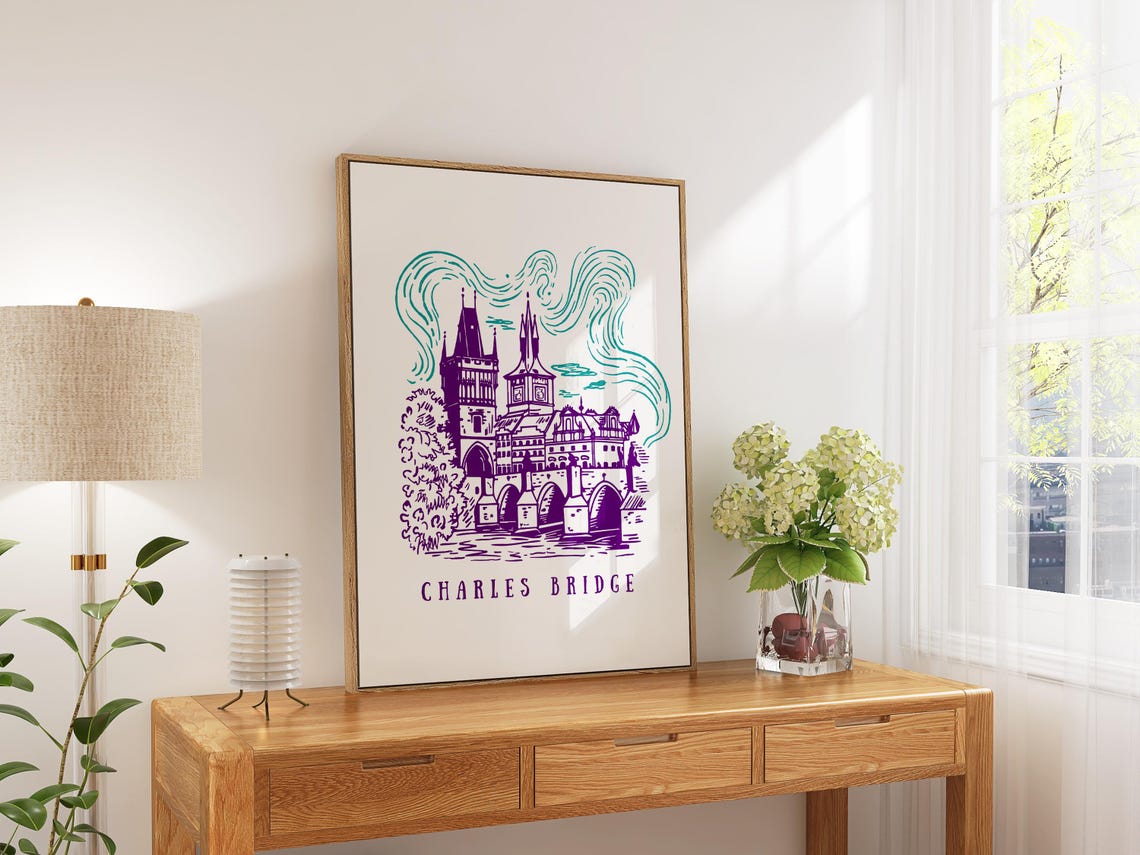 Charles Bridge Prague Hand Drawn Purple Illustration Art Poster - Image 2
