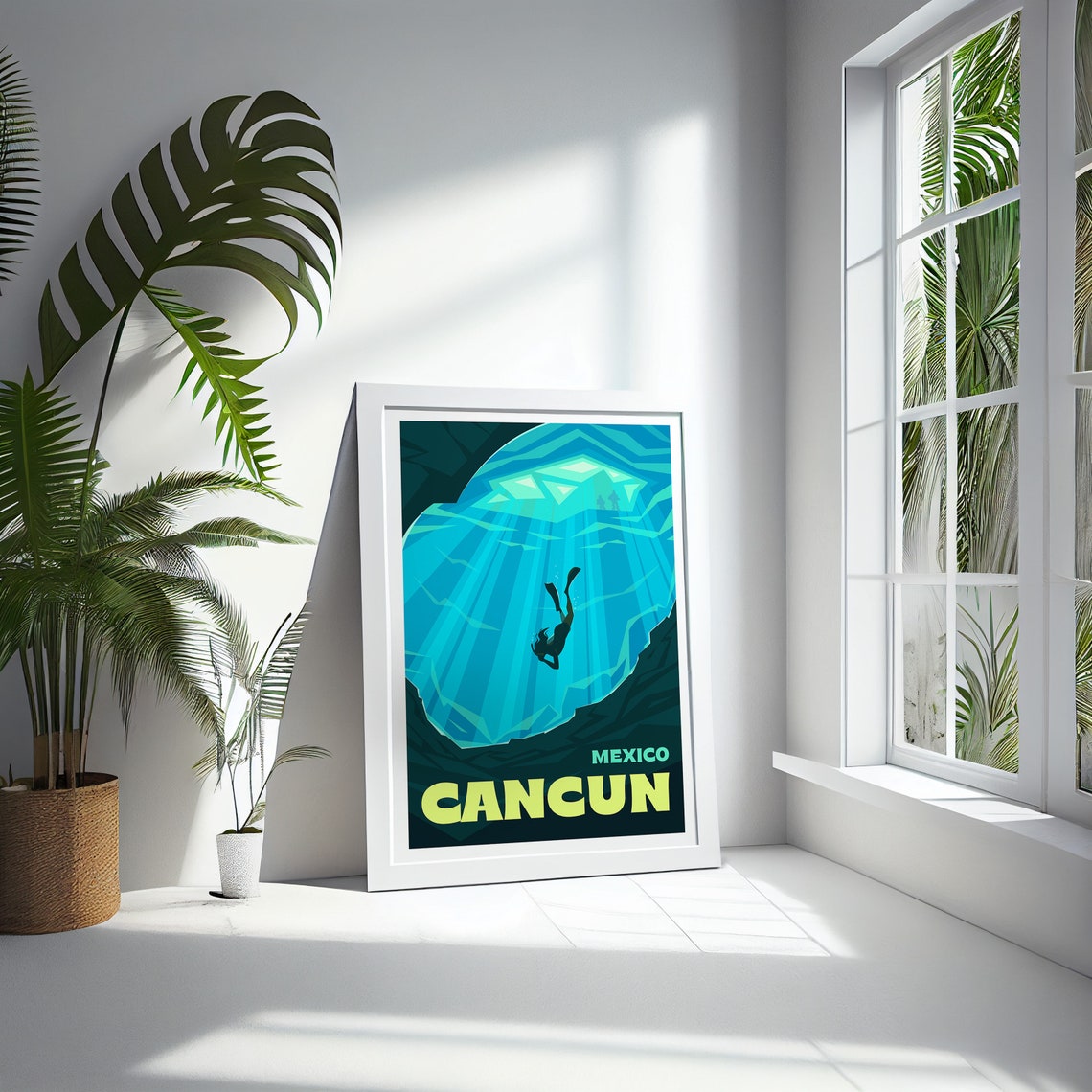Cancun Mexico Cenote Diver Sunbeams Deep Underwater Art Poster - Image 4