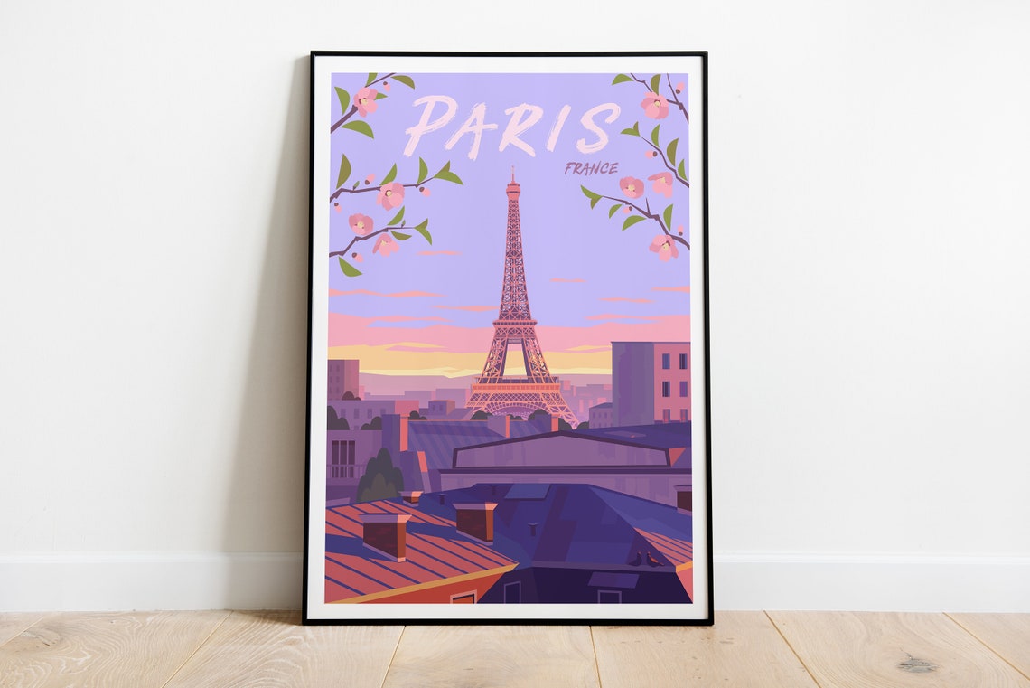 Paris Eiffel Tower France Cherry Blossom Sunset Rooftops Poster