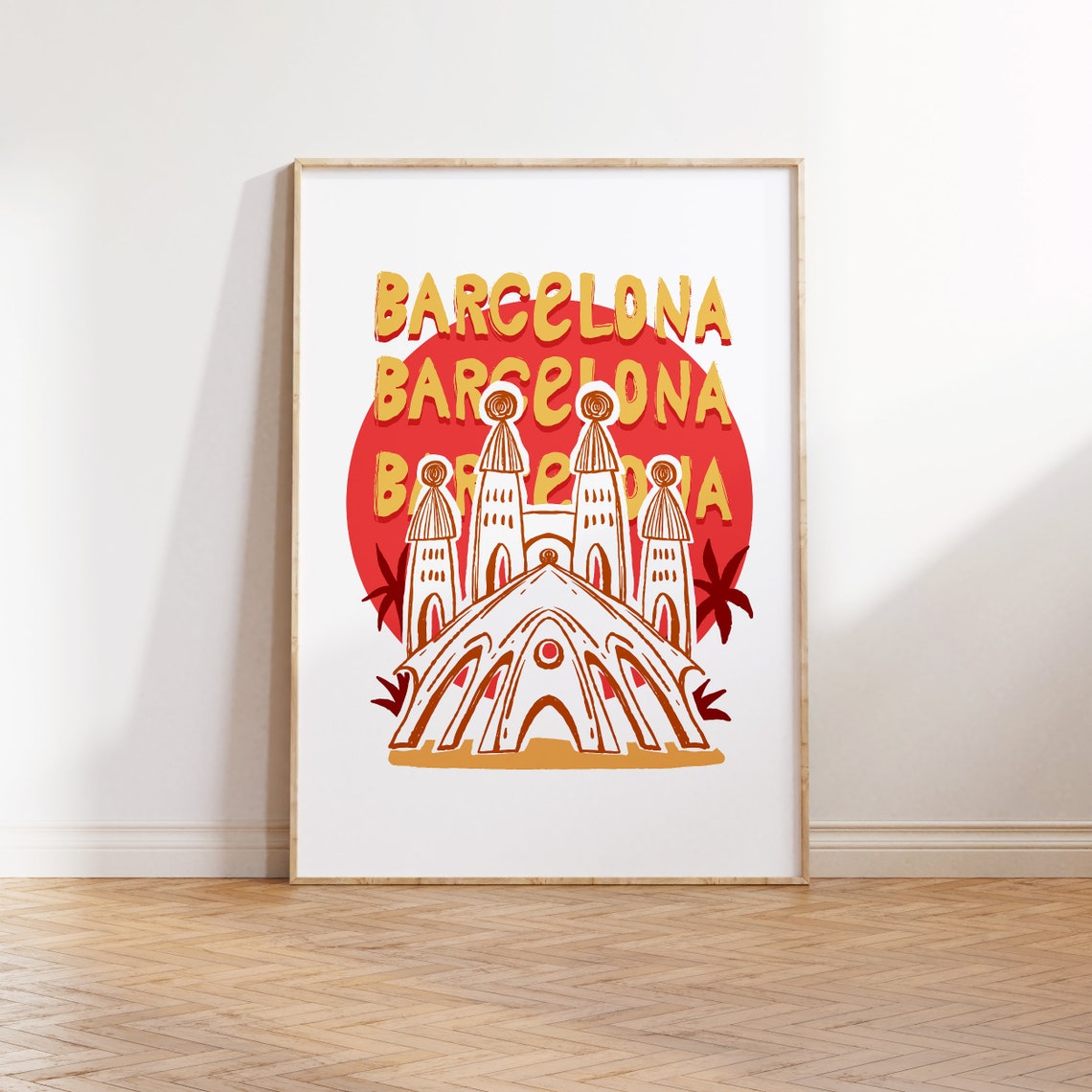 Barcelona Spain Gaudi Inspired Basilica Red Sun Travel Art Poster
