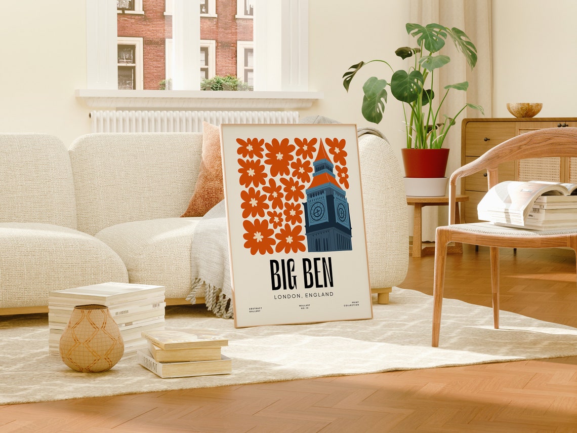 Big Ben London England Bold Orange Floral Abstract Art Poster - Image 4