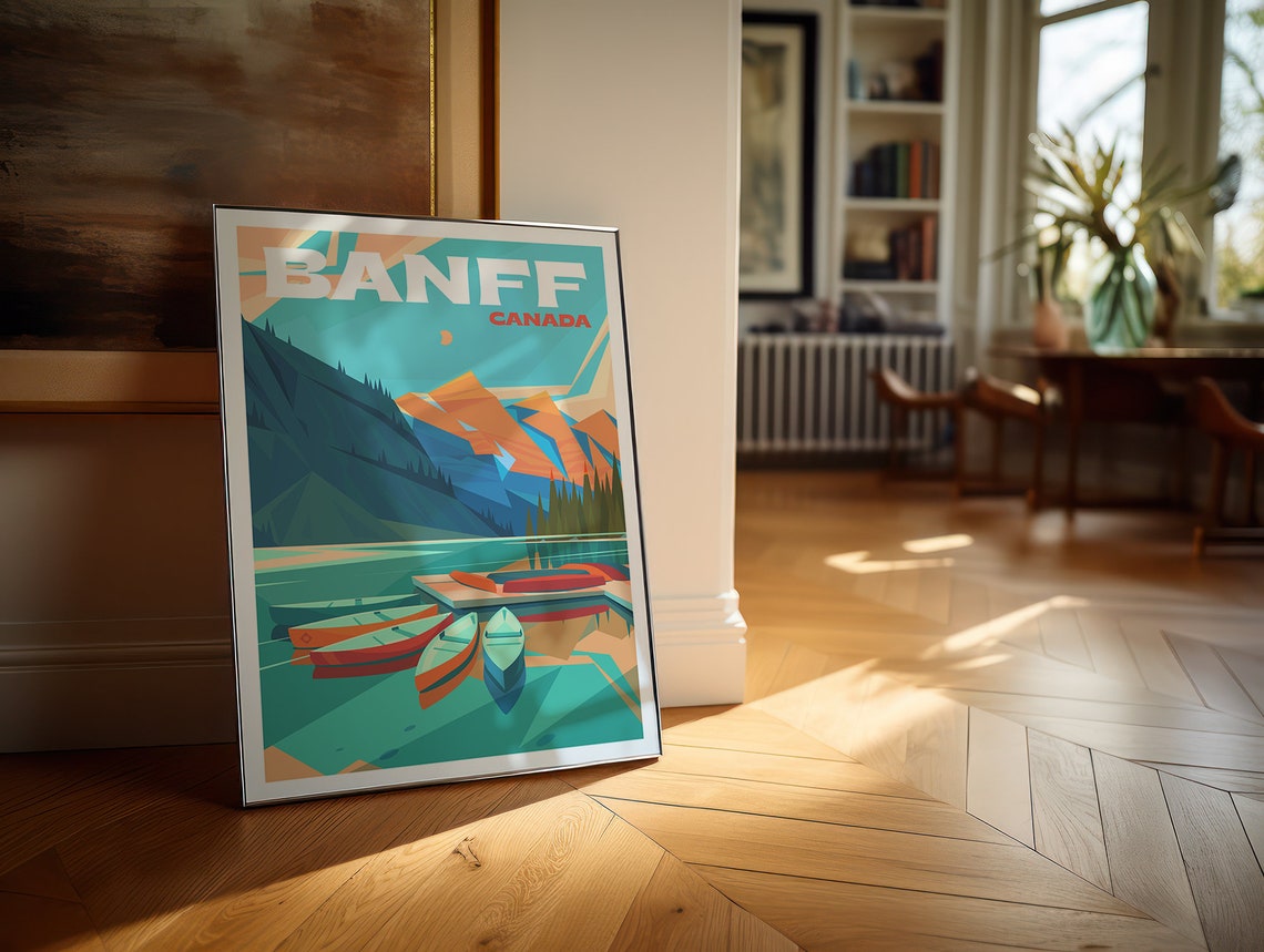 Banff Canada Retro Travel Poster Canoes Turquoise Lake Mountains Art - Image 5
