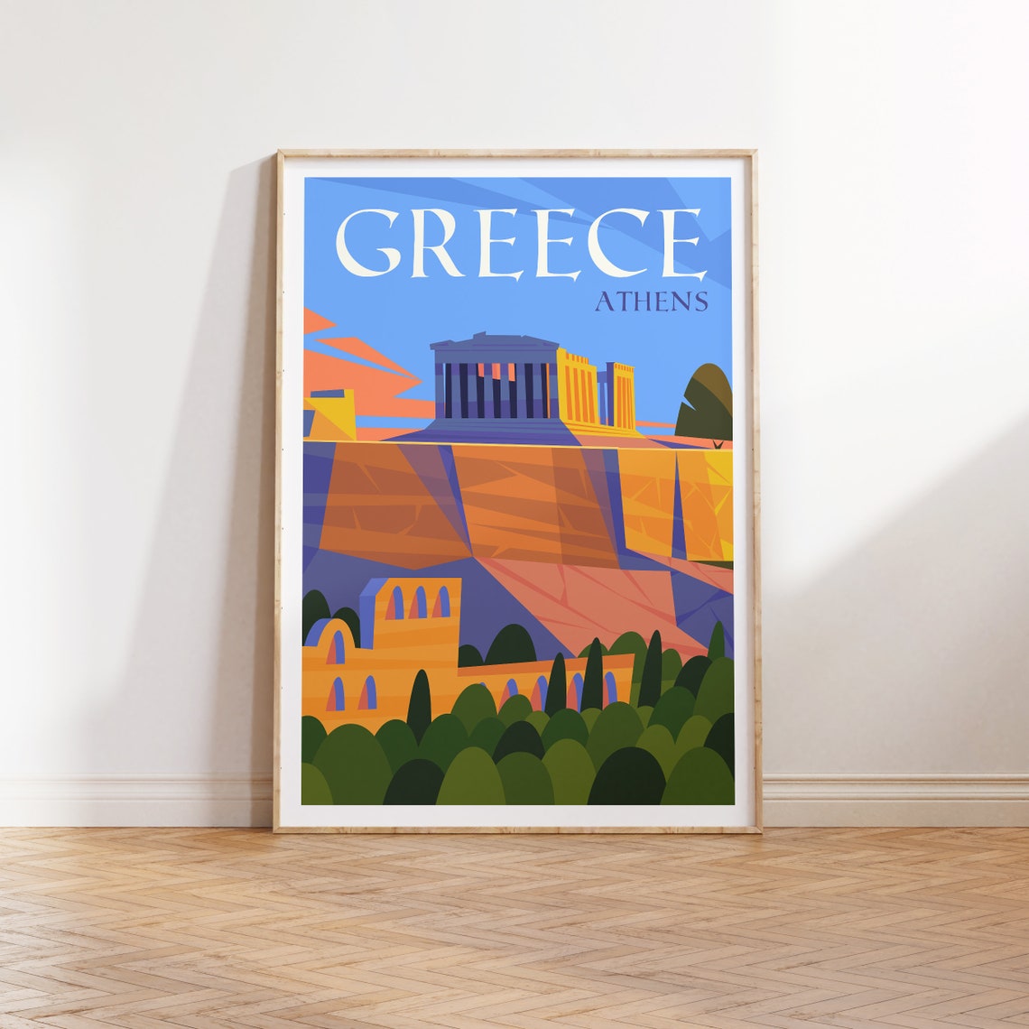 Acropolis Athens Greece Parthenon Colorful Retro Travel Poster