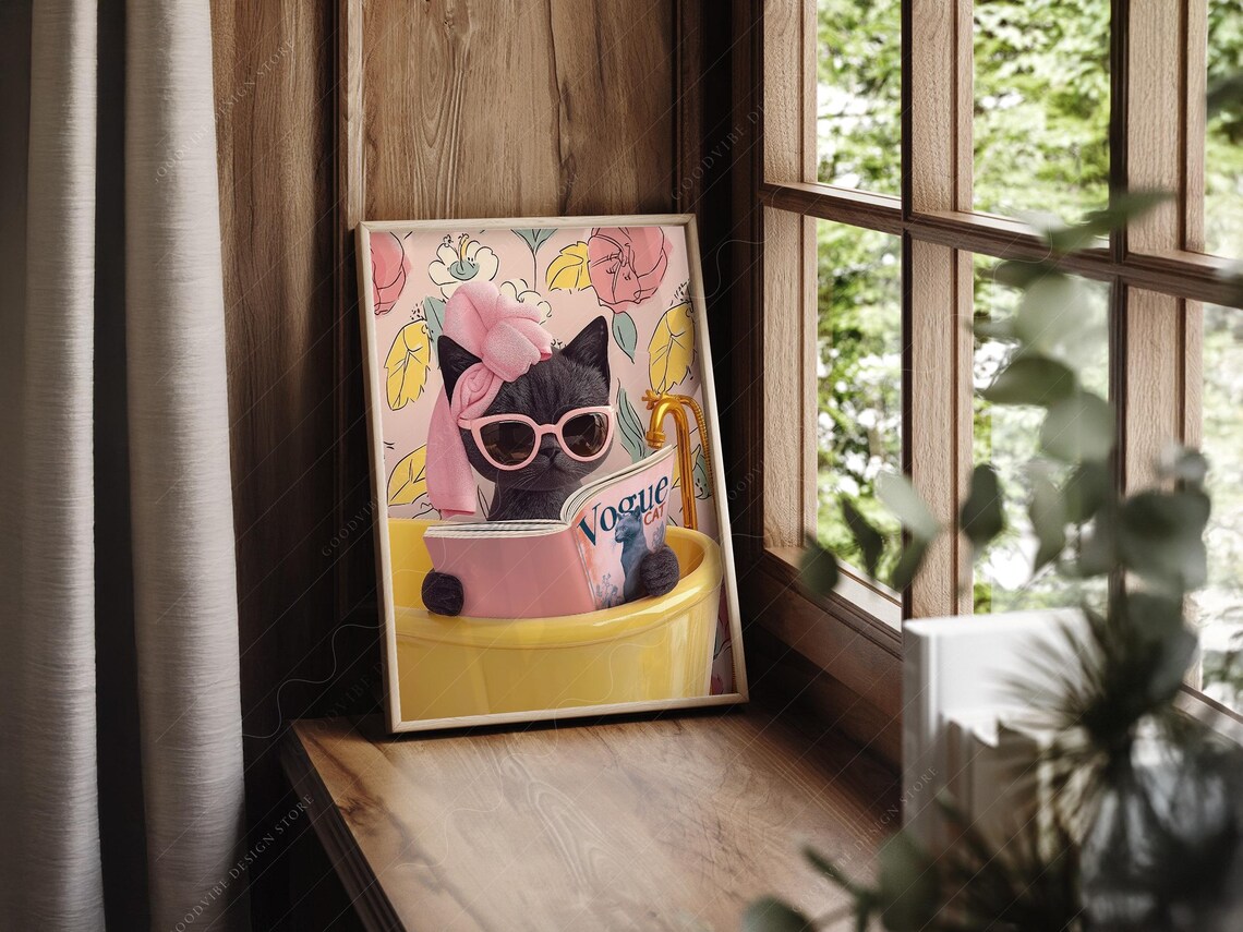 Chic Black Cat in Bathtub Reading Vogue Cat Magazine Poster Art - Image 2
