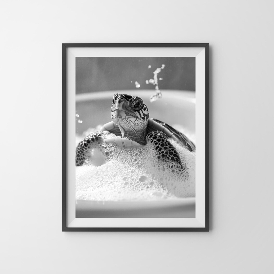 Sea Turtle Enjoying a Bubble Bath With Splashing Water Black White Poster - Image 3