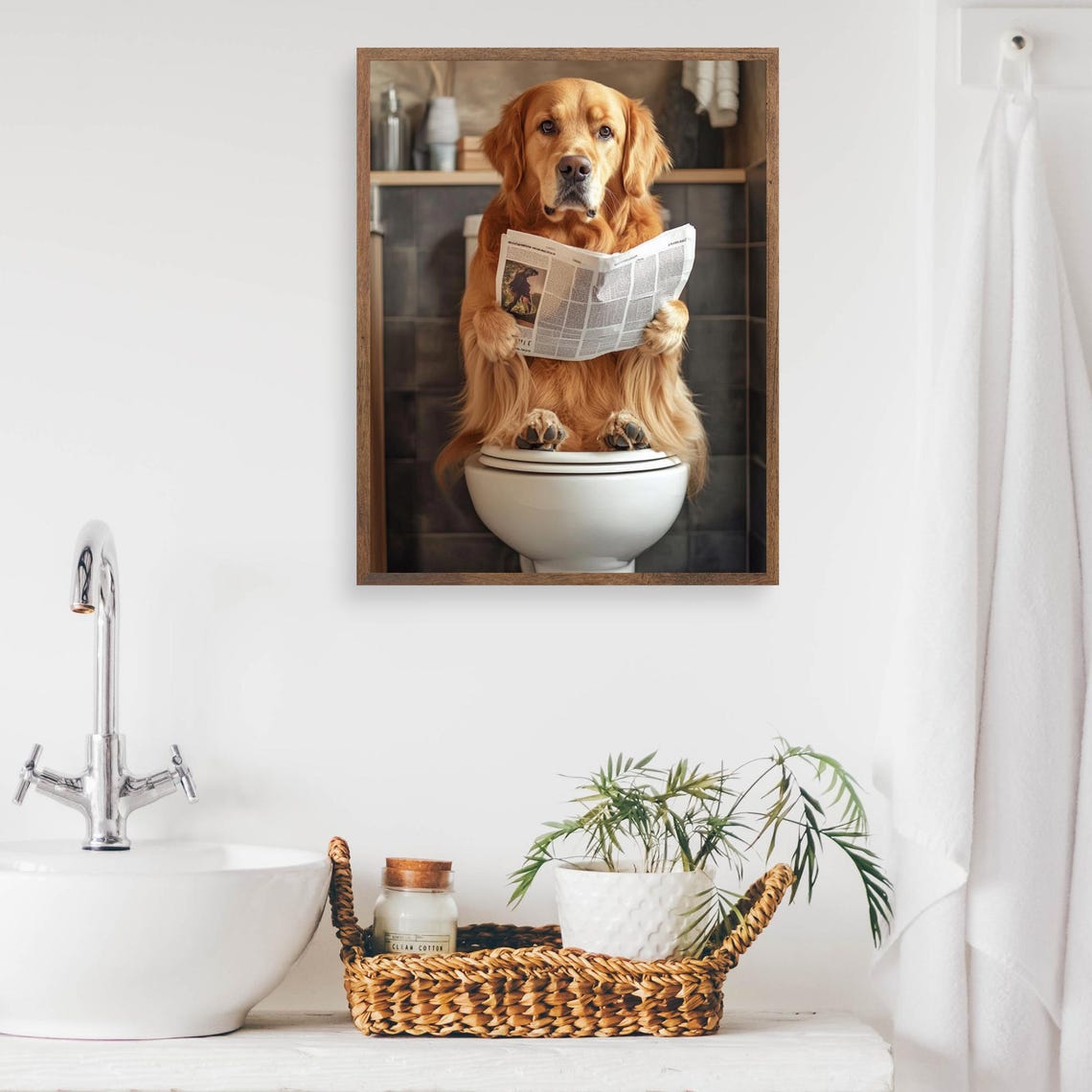 Golden Retriever on the Toilet Reading a Newspaper Dog Poster - Image 2