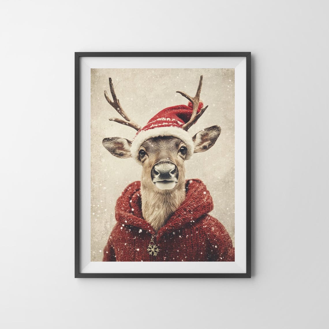 Reindeer Wearing Santa Hat and Red Knit Sweater in Snowfall Poster - Image 3
