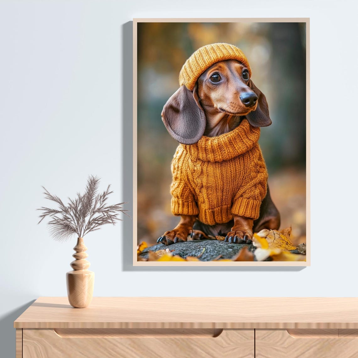 Dachshund in Mustard Knit Sweater Autumn Fall Pet Portrait Poster - Image 2