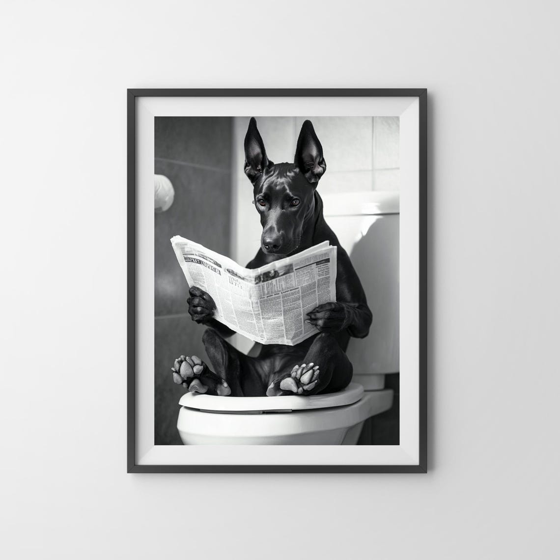 Doberman on the Toilet Reading Newspaper Funny Bathroom Poster - Image 3