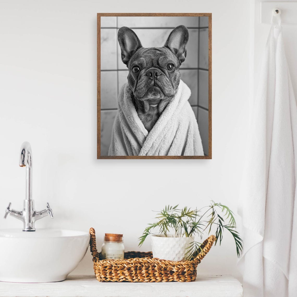 French Bulldog In A Bathrobe Funny Bathroom Wall Art Quirky Dog Print Funny Bulldog Photo Dog Humor Print French Bulldog Poster Ai Art - Image 2