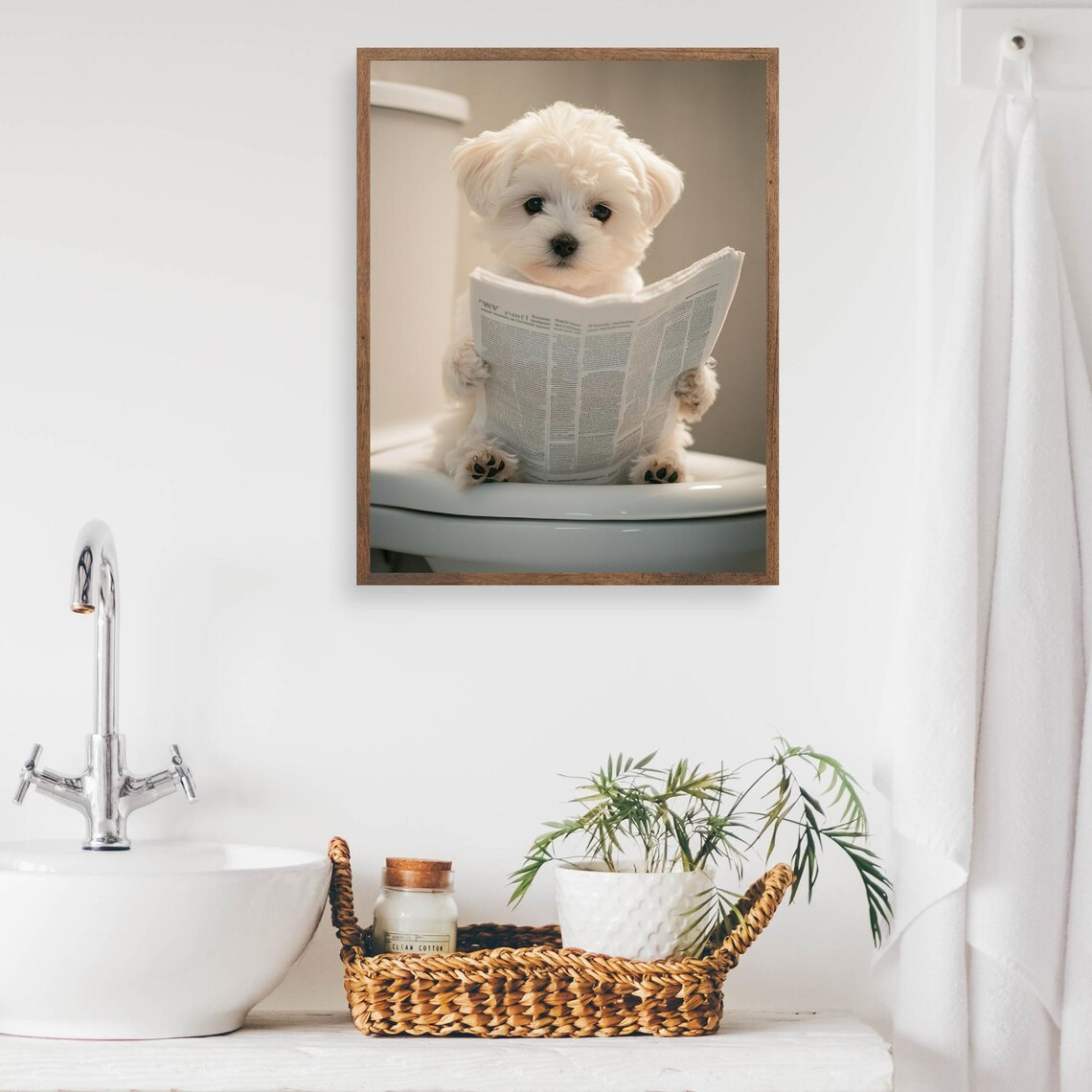 Maltese Puppy on the Toilet Reading Newspaper Cute Dog Poster - Image 2