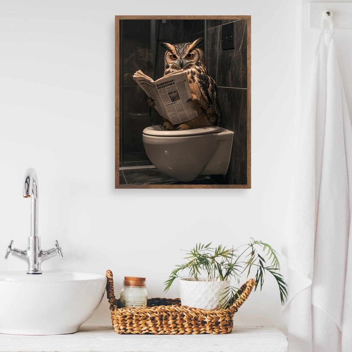Wise Owl on the Toilet Reading a Newspaper Funny Bathroom Poster - Image 2