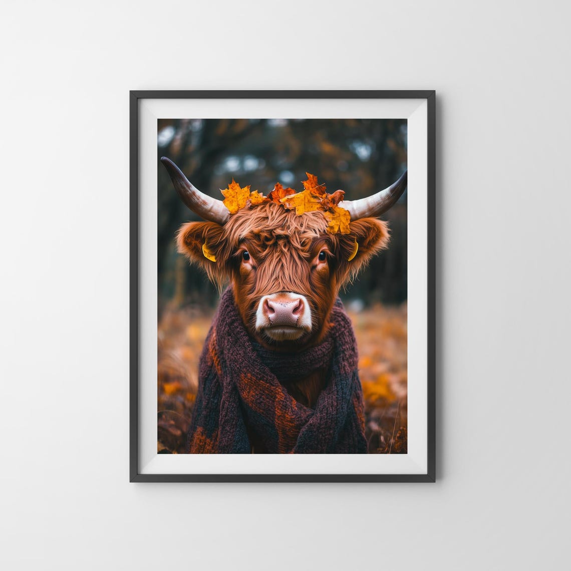 Highland Cow with Autumn Leaves and a Fall Knit Scarf Poster - Image 3