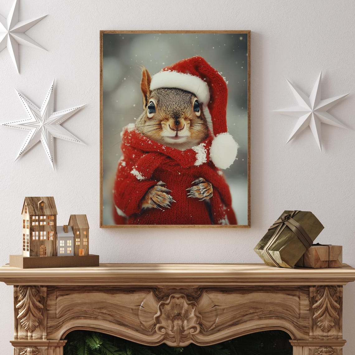 Squirrel in Santa Hat and Red Knit Scarf Posing in the Snow Poster - Image 2