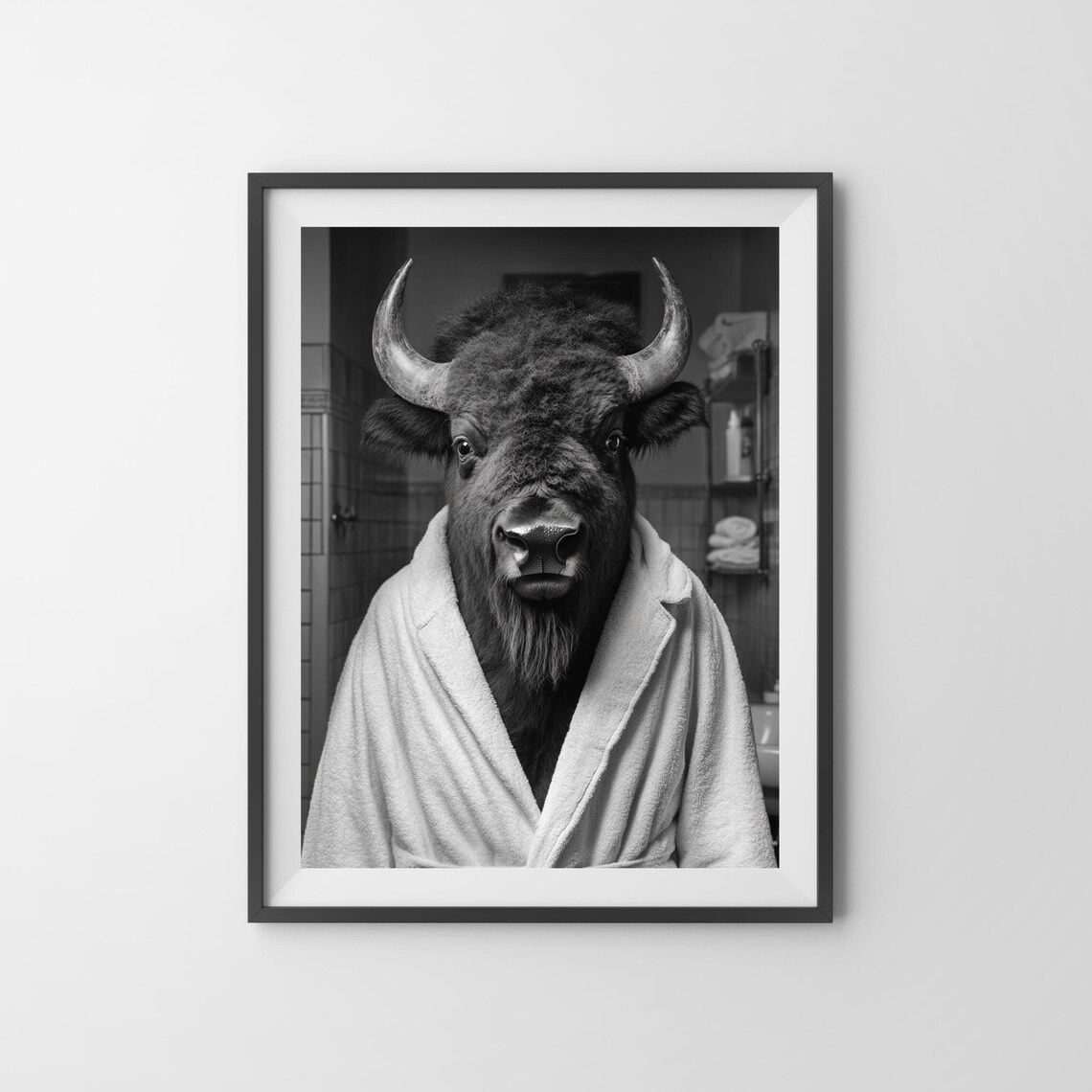 American Bison Wearing a White Bathrobe Black and White Bathroom Poster - Image 3