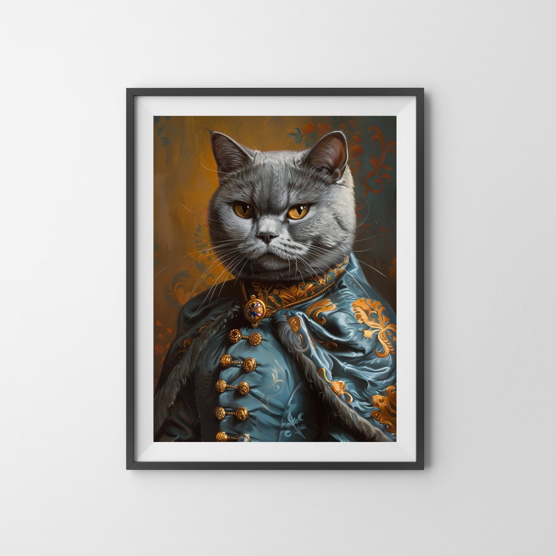 British Shorthair Cat in a Blue Silk Royal Costume Portrait Poster - Image 3