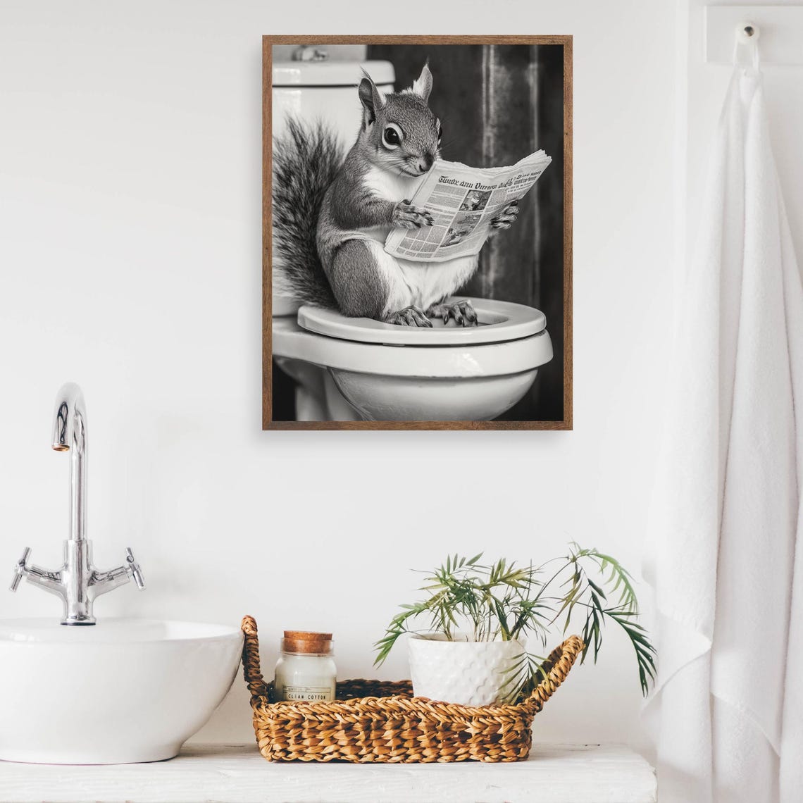 Squirrel Reading Newspaper on Toilet Black and White Funny Poster - Image 2