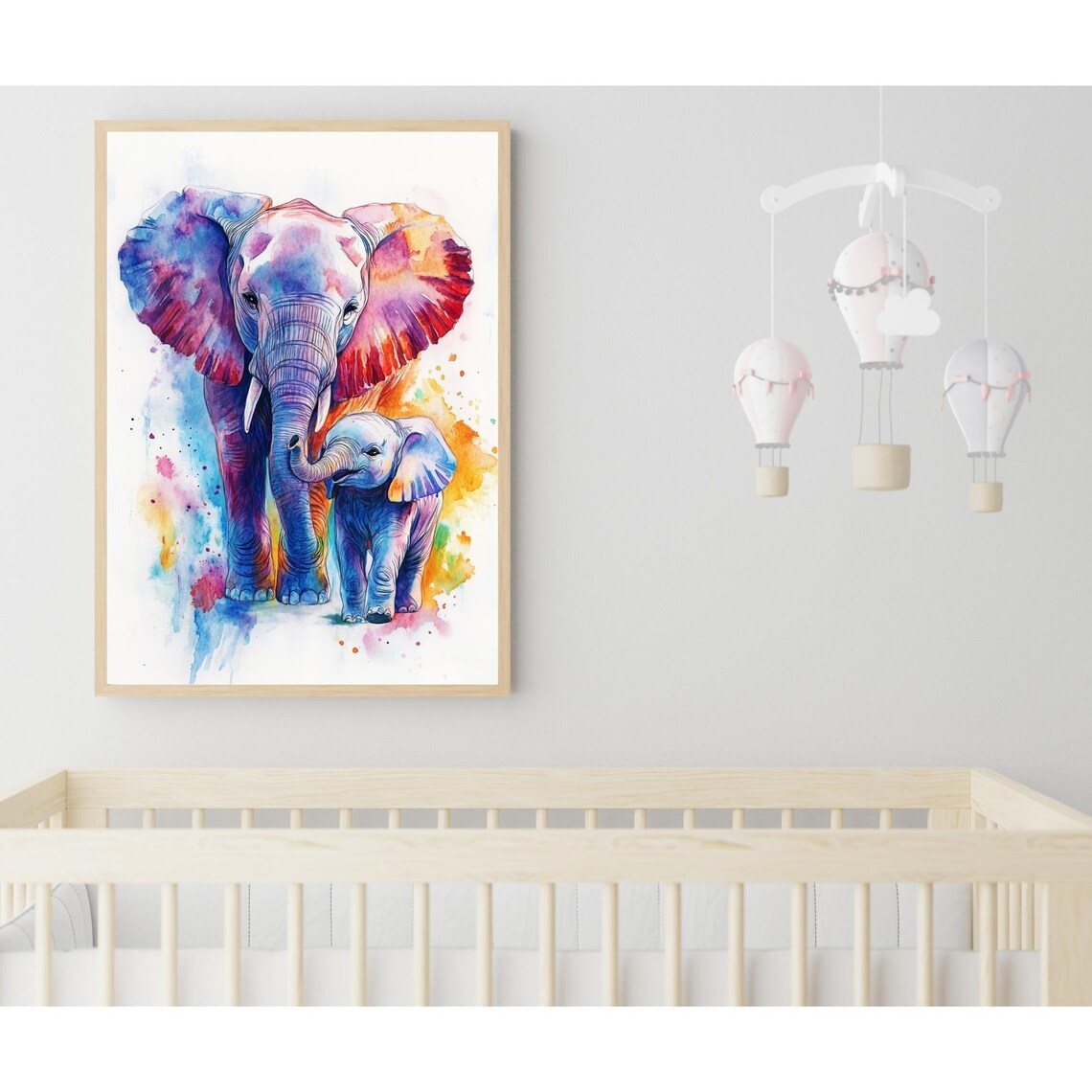 Colorful Elephant Mother and Baby Watercolor Nursery Wall Art - Image 2