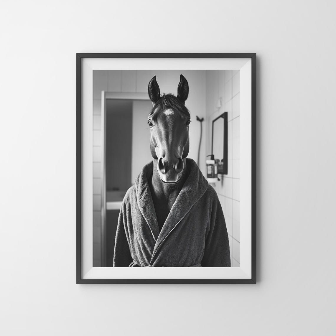 Horse In A Bathrobe Funny Black And White Bathroom Wall Poster - Image 3