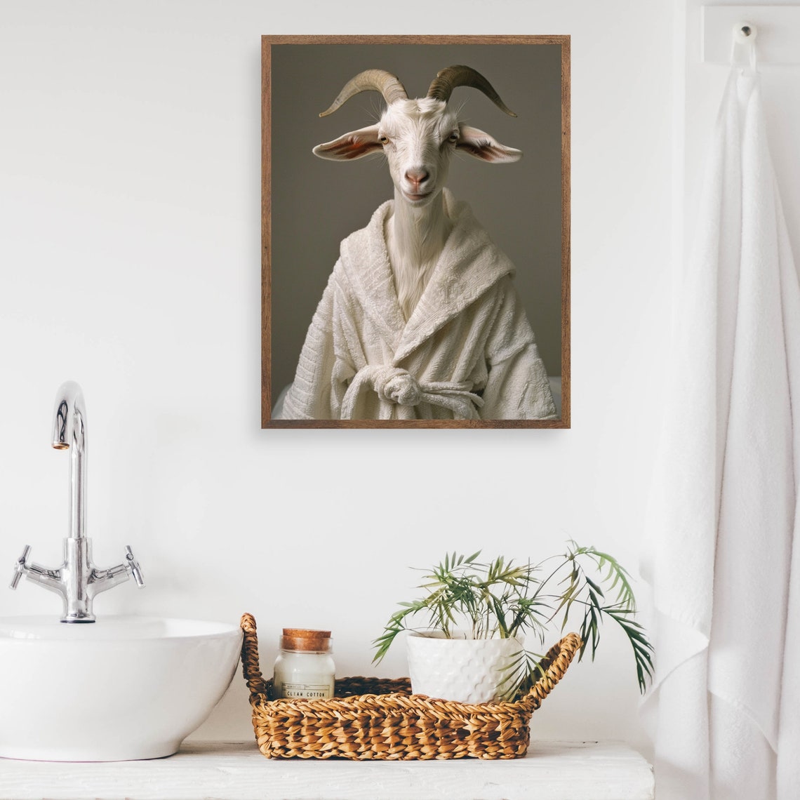 White Goat Wrapped in a Bathrobe Funny Animal Bathroom Poster - Image 2