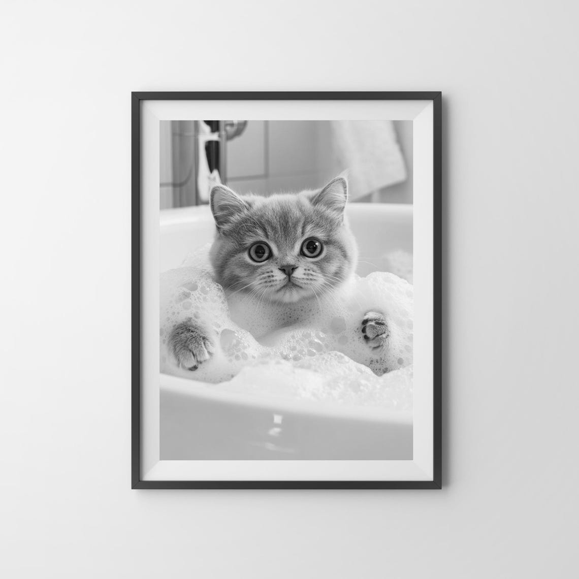Grey Kitten Taking a Bubble Bath Black and White Cute Kitten Poster - Image 3
