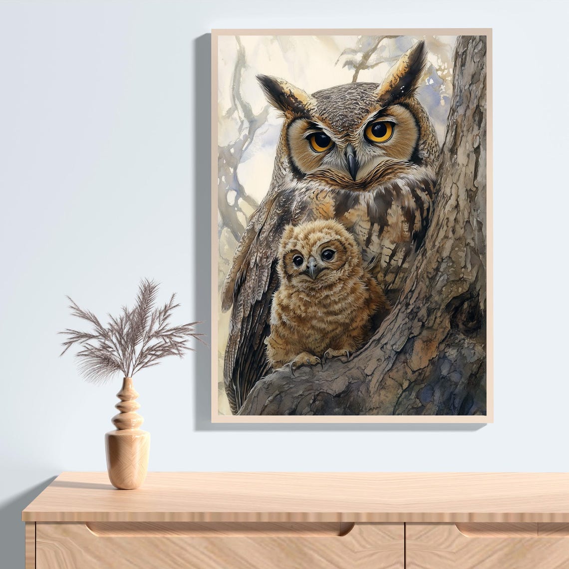 Cute Watercolor Nursery Room Art Mama Owl And Little Owl Print Kids Room Decor Mommy And Me Beautiful Nursery Illustration Ai Wall Art - Image 2