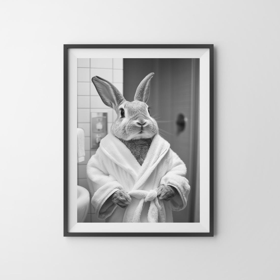 Bunny In A Bathrobe Funny Black And White Bathroom Wall Poster - Image 3