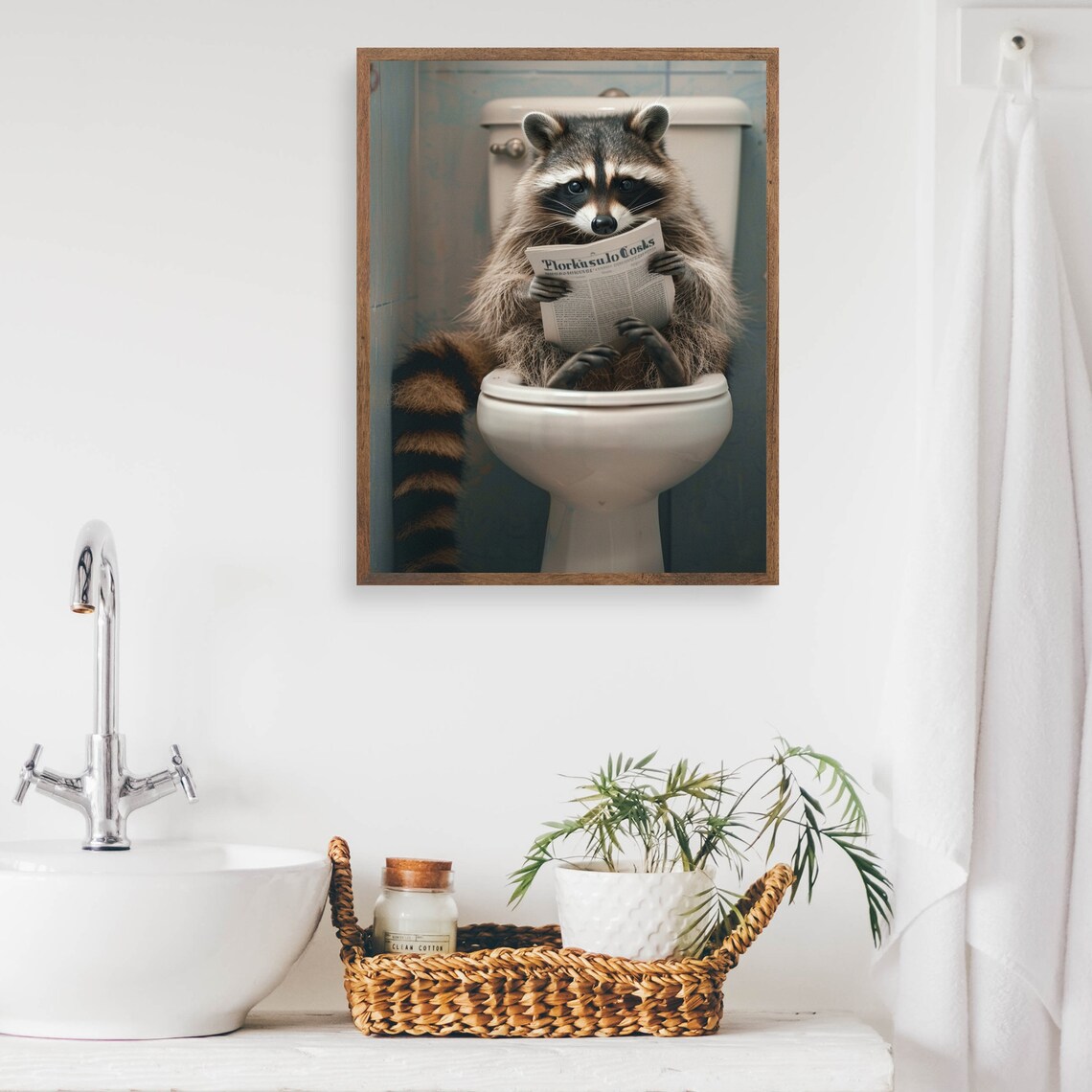 Raccoon on the Toilet Reading Newspaper Funny Bathroom Poster - Image 2