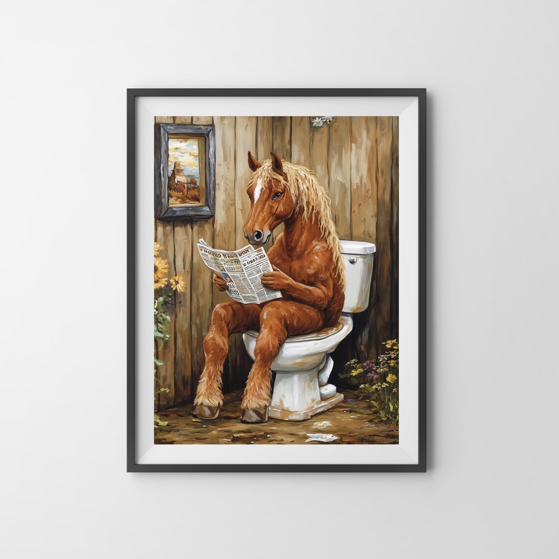 Horse Reading a Newspaper on the Toilet Rustic Farmhouse Color Poster - Image 3