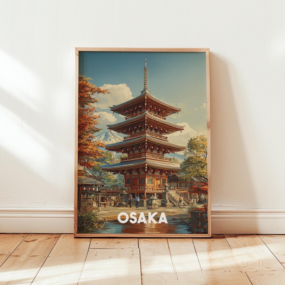 Osaka Five Story Pagoda with Mount Fuji Vintage Travel Art Poster