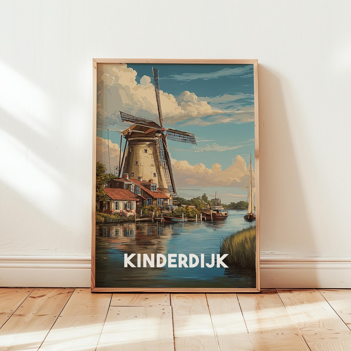 Kinderdijk Windmill Village Dutch Canal Vintage Travel Poster