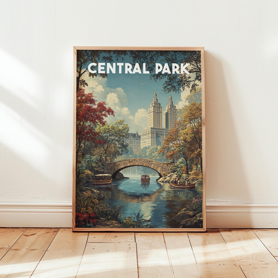Central Park New York Stone Bridge Vintage Autumn Travel Poster