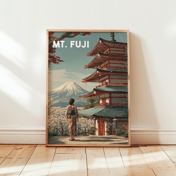 Mount Fuji Japan Travel Poster Woman Kimono Pagoda Retro Style Art