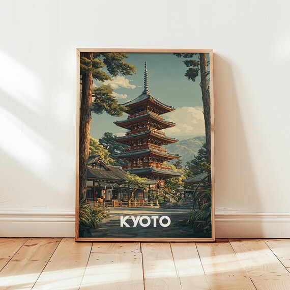 Kyoto Japan Travel Poster Five Story Pagoda Pine Trees Vintage Style