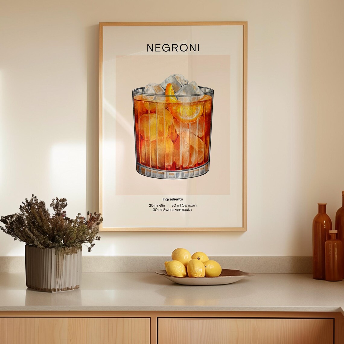 Classic Negroni Cocktail Watercolor Recipe Ingredients Art Wall Poster - Image 2