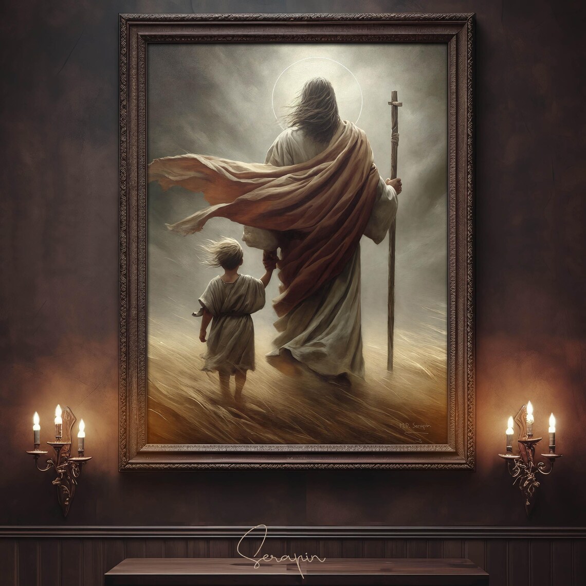 Jesus Leading Child Through Dark Valley Psalm 23 Moody Christian Poster - Image 2