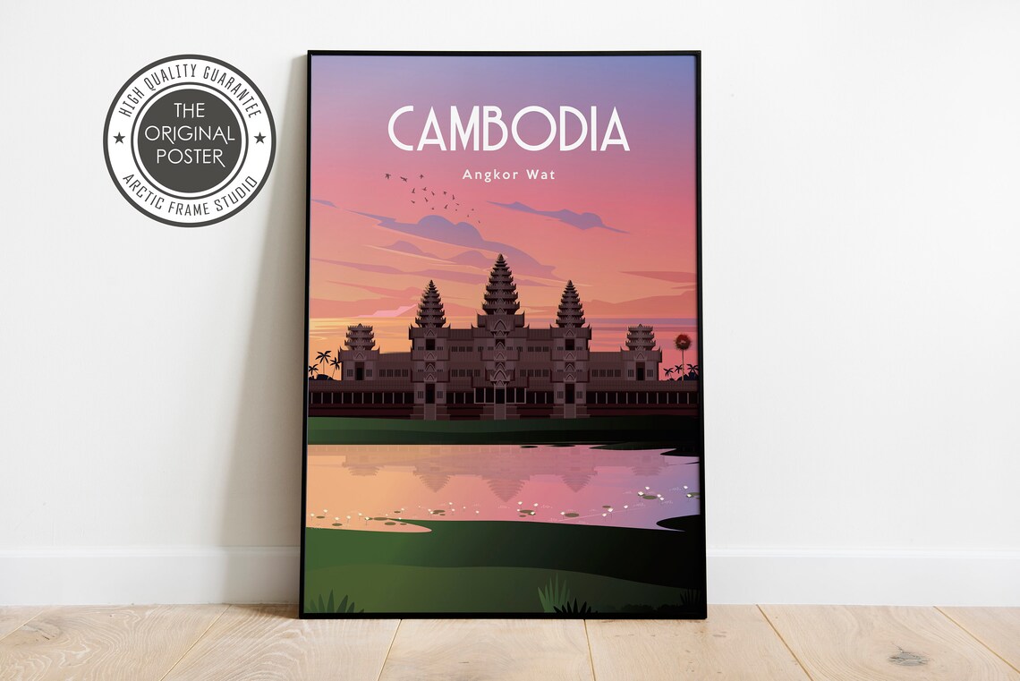 Cambodia Angkor Wat Temple Sunset Reflecting Moat Travel Poster
